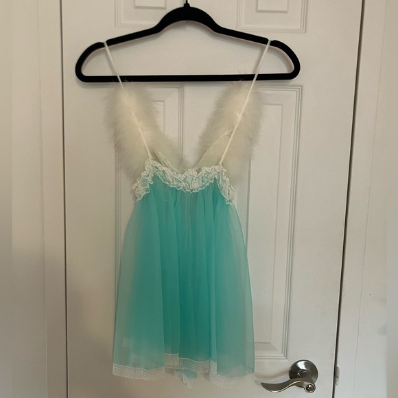Vintage Feather and Lace Sheer Turquoise Babydoll Lingerie - Picture 2 of 6